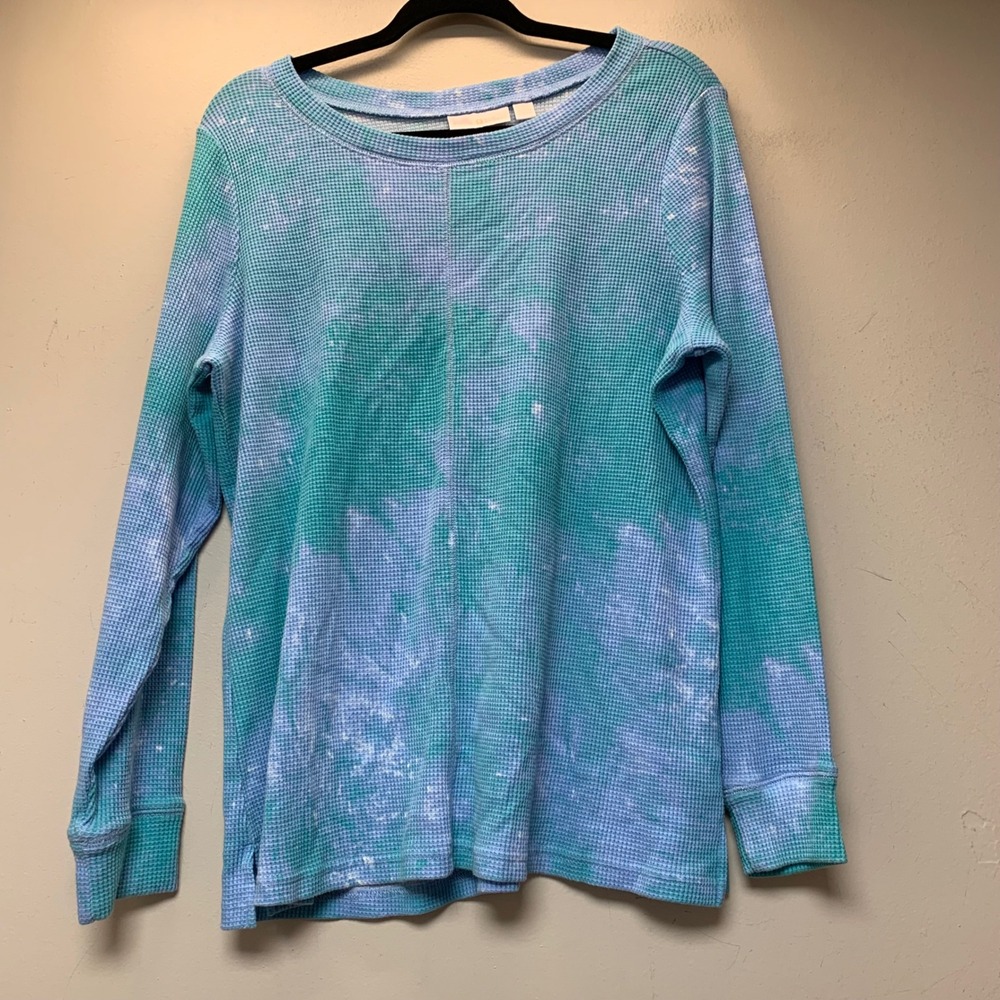 Belle by Kim Gravel Top Womens Large Blue Teal Excellent Tie Dye Waffle Knit